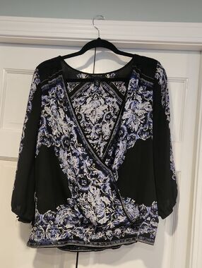 White House Black Market Black Floral Scroll Wrap Blouse